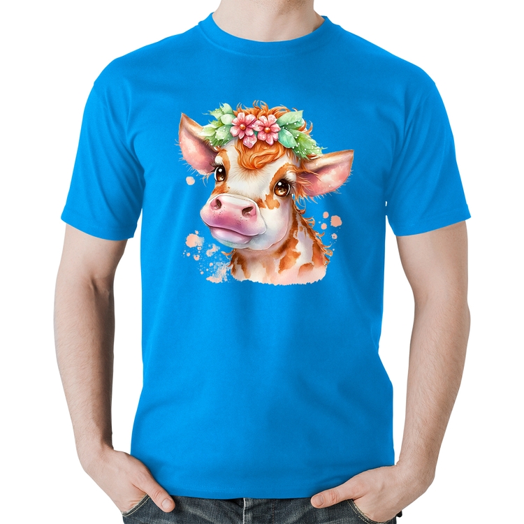 Camiseta Algodão Vaquinha E Flores - Azul