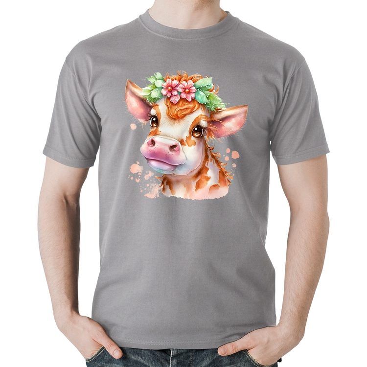 Camiseta Algodão Vaquinha E Flores - Cinza