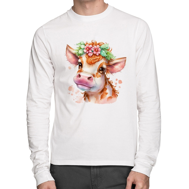 Camiseta Algodão Vaquinha E Flores Manga Longa - Branca