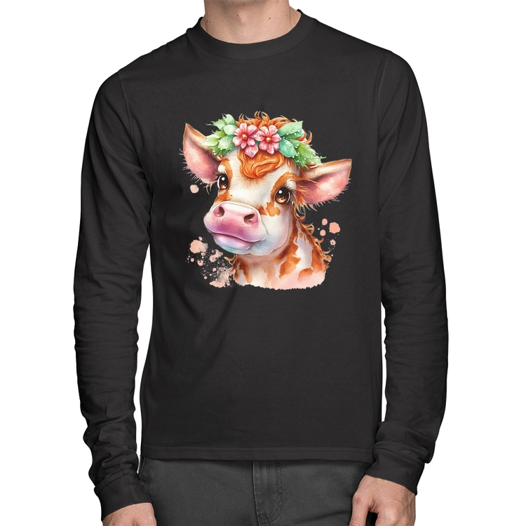 Camiseta Algodão Vaquinha E Flores Manga Longa