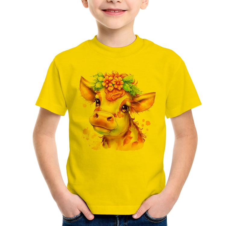 Camiseta Infantil Vaquinha E Flores - Amarela