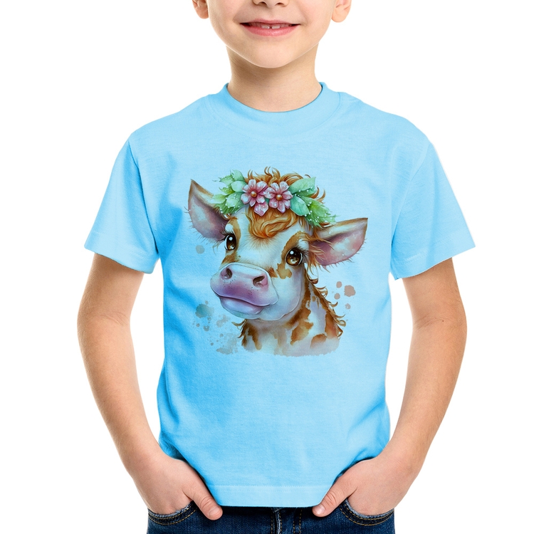 Camiseta Infantil Vaquinha E Flores - Azul Bebê