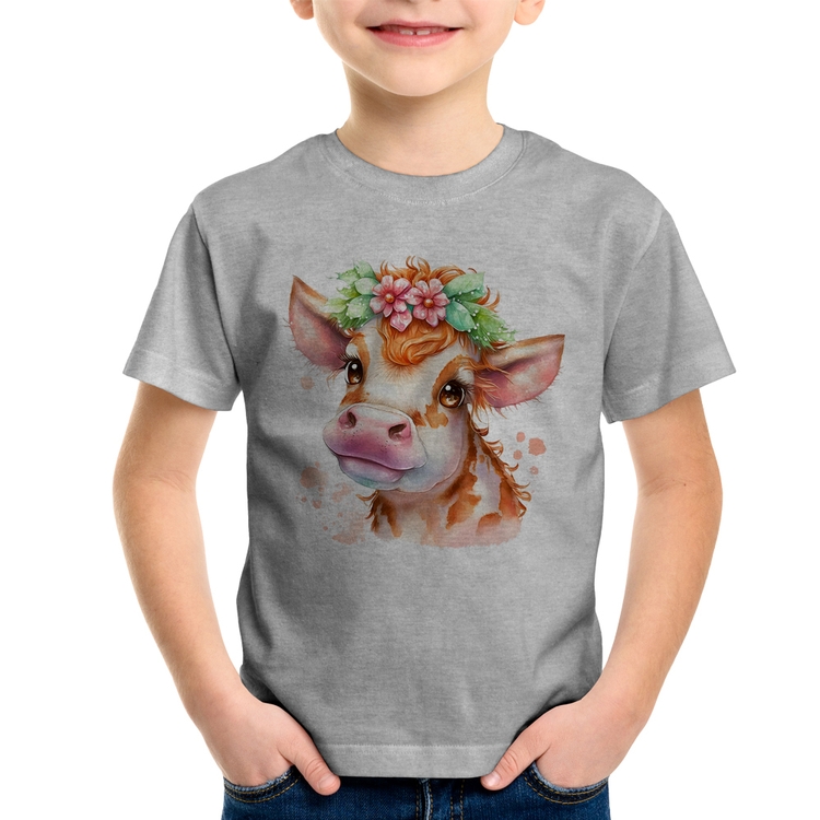 Camiseta Infantil Vaquinha E Flores - Cinza