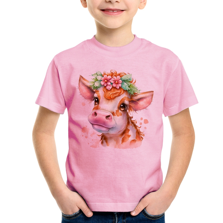 Camiseta Infantil Vaquinha E Flores - Rosa Bebê