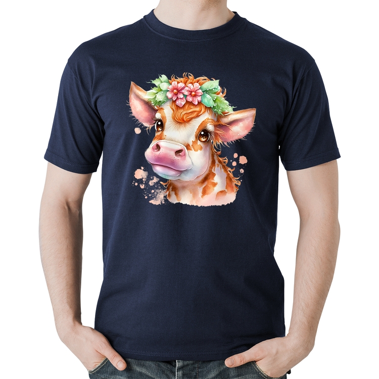 Camiseta Algodão Vaquinha E Flores - Marinho