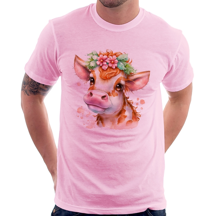 Camiseta Vaquinha E Flores - Rosa Bebê