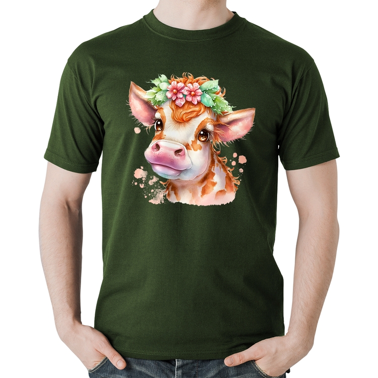 Camiseta Algodão Vaquinha E Flores - Musgo