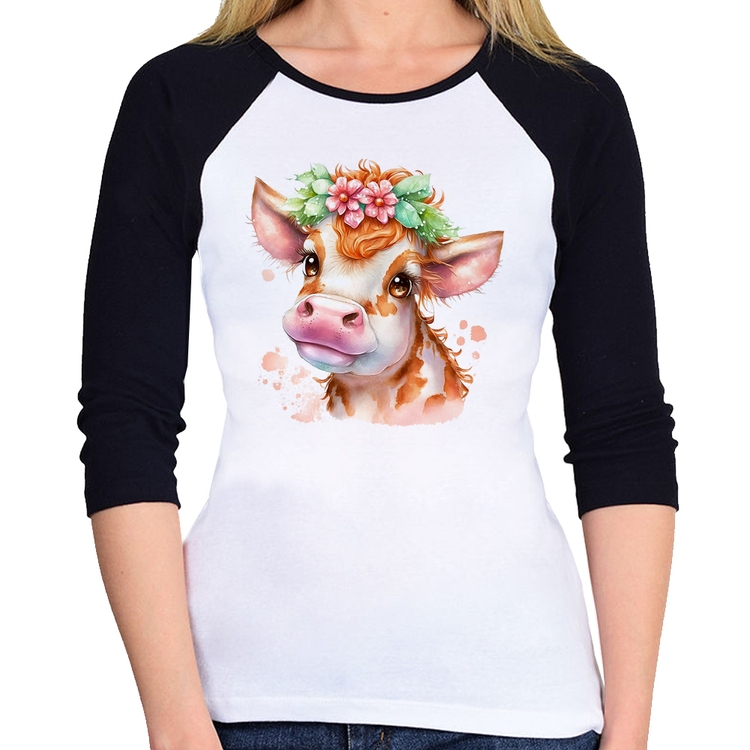 Baby Look Raglan Vaquinha E Flores Manga 3/4