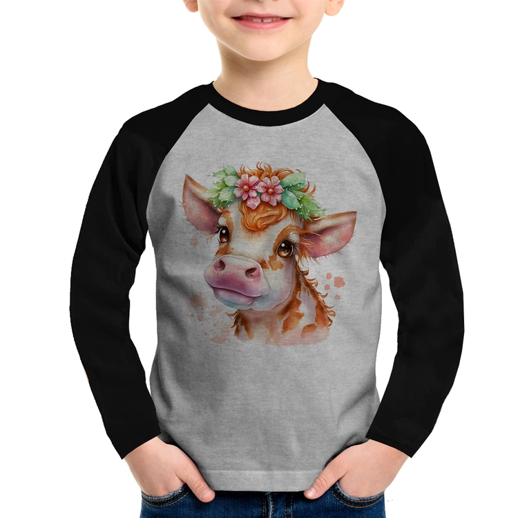 Camiseta Raglan Infantil Vaquinha E Flores Manga Longa - Cinza/Preto