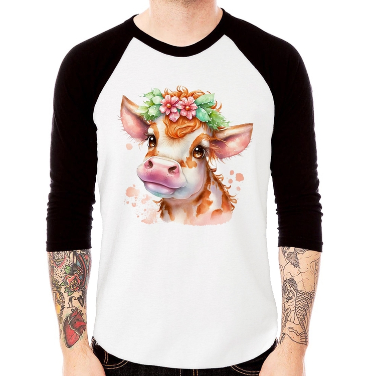 Camiseta Raglan Vaquinha E Flores Manga 3/4
