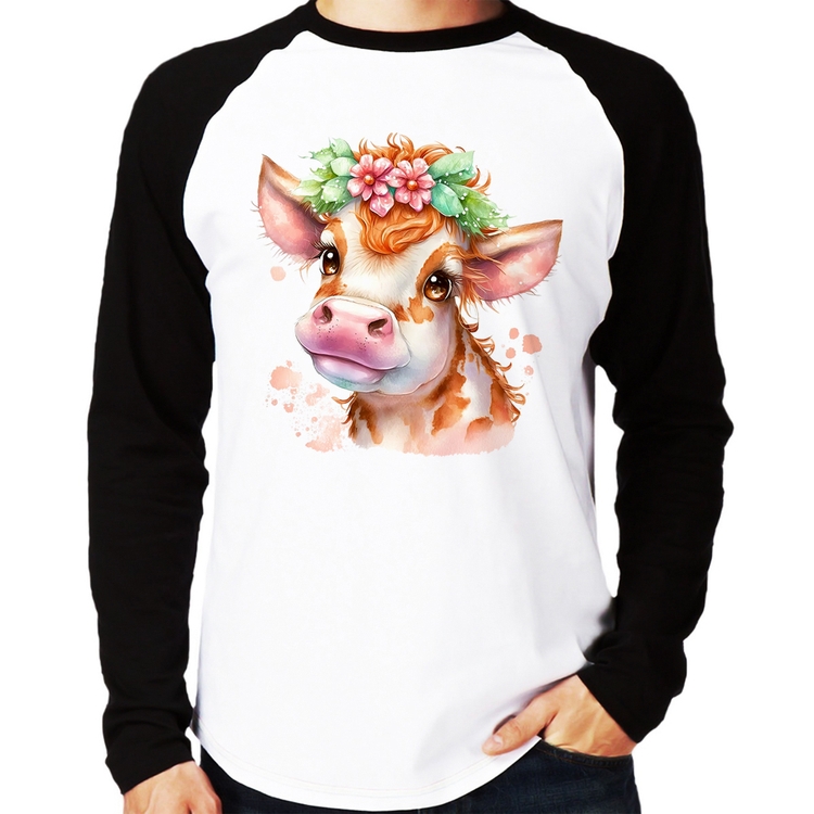 Camiseta Raglan Vaquinha E Flores Manga Longa