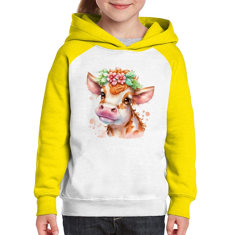 Moletom Infantil Vaquinha E Flores - Branco/Amarelo