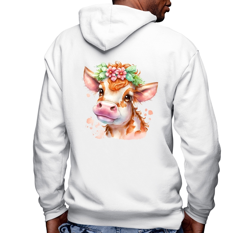 Blusa Moletom Vaquinha E Flores Masculina com Capuz e Zíper - Branca