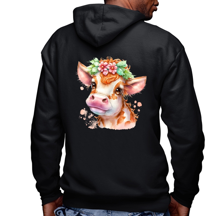Blusa Moletom Vaquinha E Flores Masculina com Capuz e Zíper