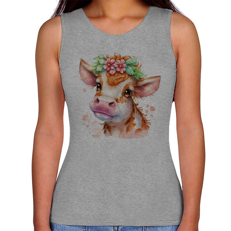 Regata Feminina Vaquinha E Flores - Cinza