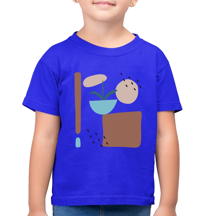 Camiseta Algodão Infantil Vaso de Planta Minimalista Abstrato - Azul Royal