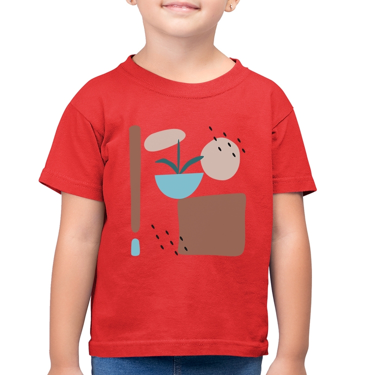 Camiseta Algodão Infantil Vaso de Planta Minimalista Abstrato - Vermelha