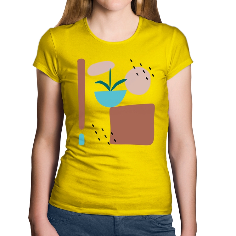 Baby Look Algodão Vaso de Planta Minimalista Abstrato - Amarela