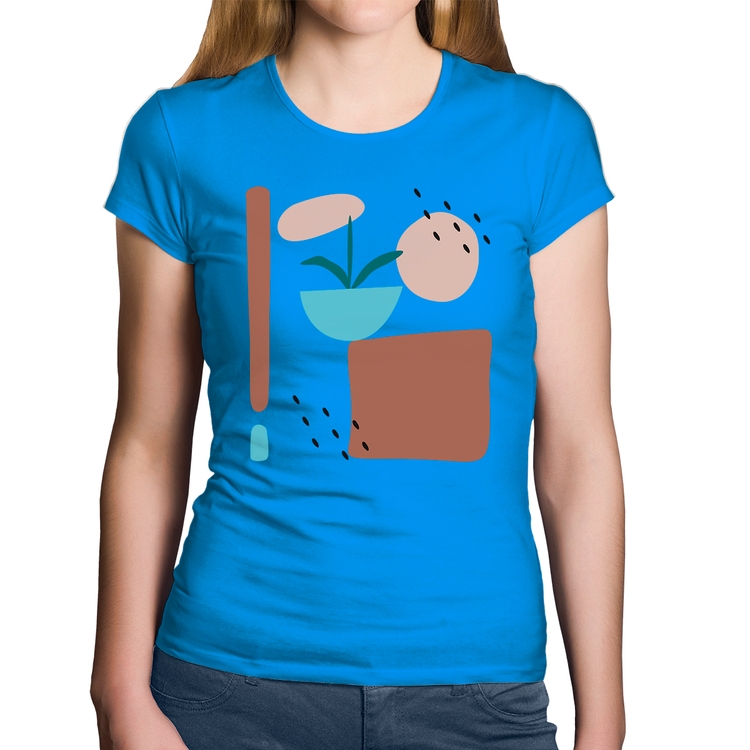 Baby Look Algodão Vaso de Planta Minimalista Abstrato - Azul