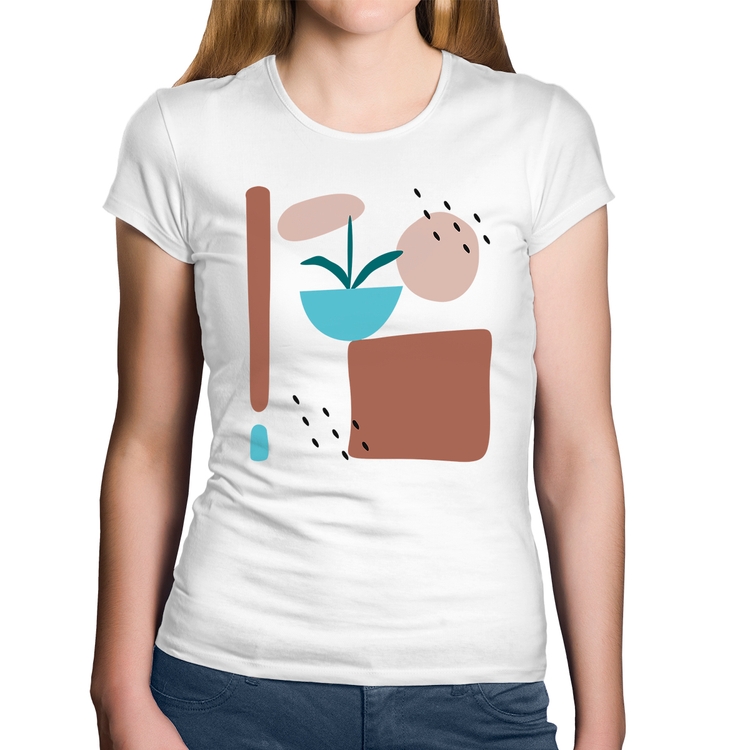 Baby Look Algodão Vaso de Planta Minimalista Abstrato - Branca