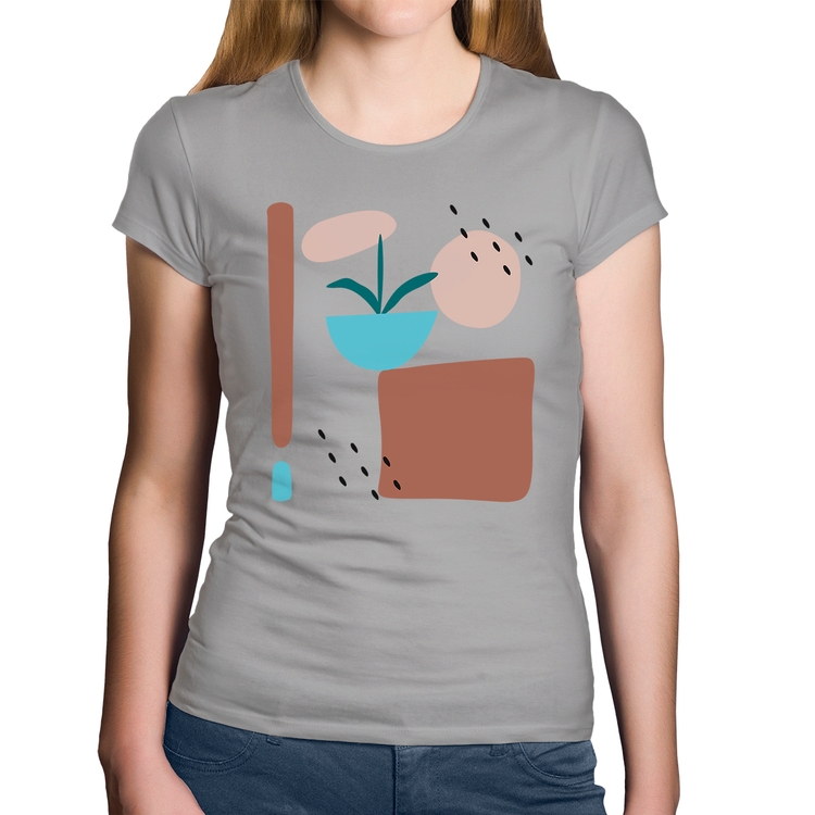 Baby Look Algodão Vaso de Planta Minimalista Abstrato - Cinza