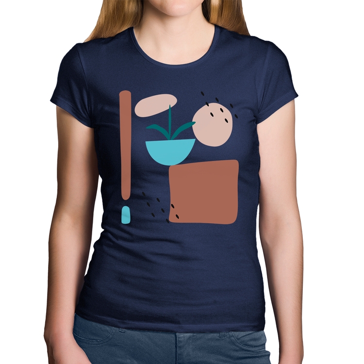 Baby Look Algodão Vaso de Planta Minimalista Abstrato - Marinho