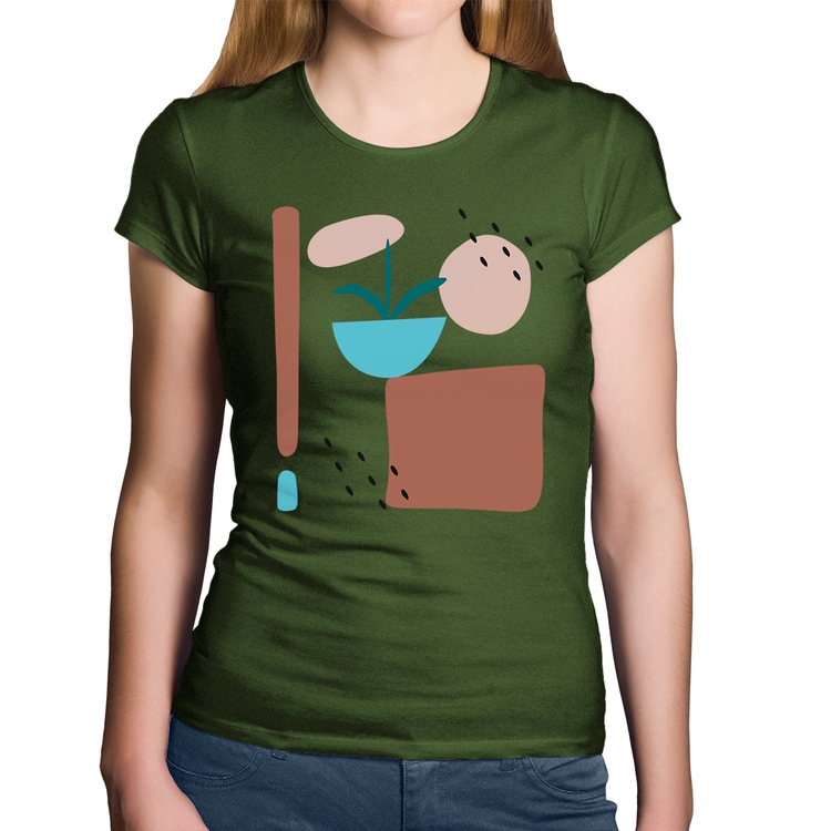 Baby Look Algodão Vaso de Planta Minimalista Abstrato - Musgo