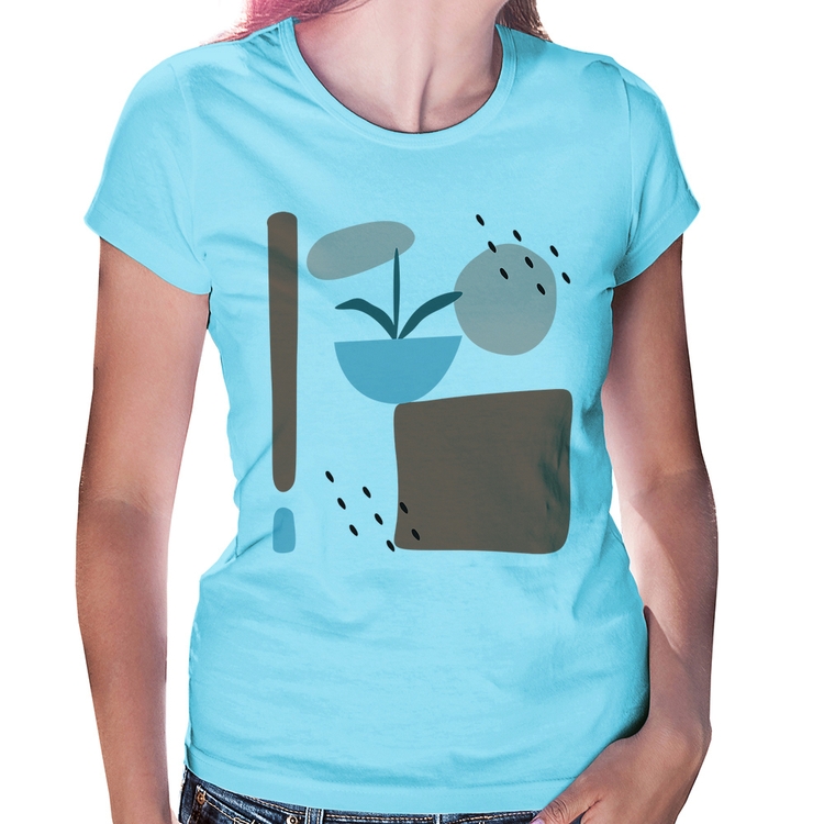 Baby Look Vaso de Planta Minimalista Abstrato - Azul Bebê