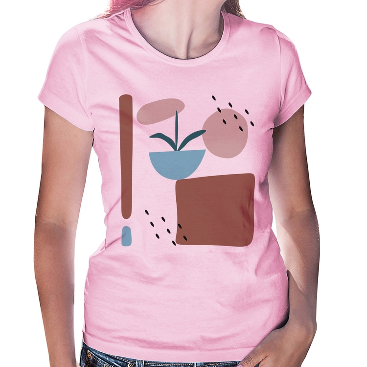 Baby Look Vaso de Planta Minimalista Abstrato - Rosa Bebê