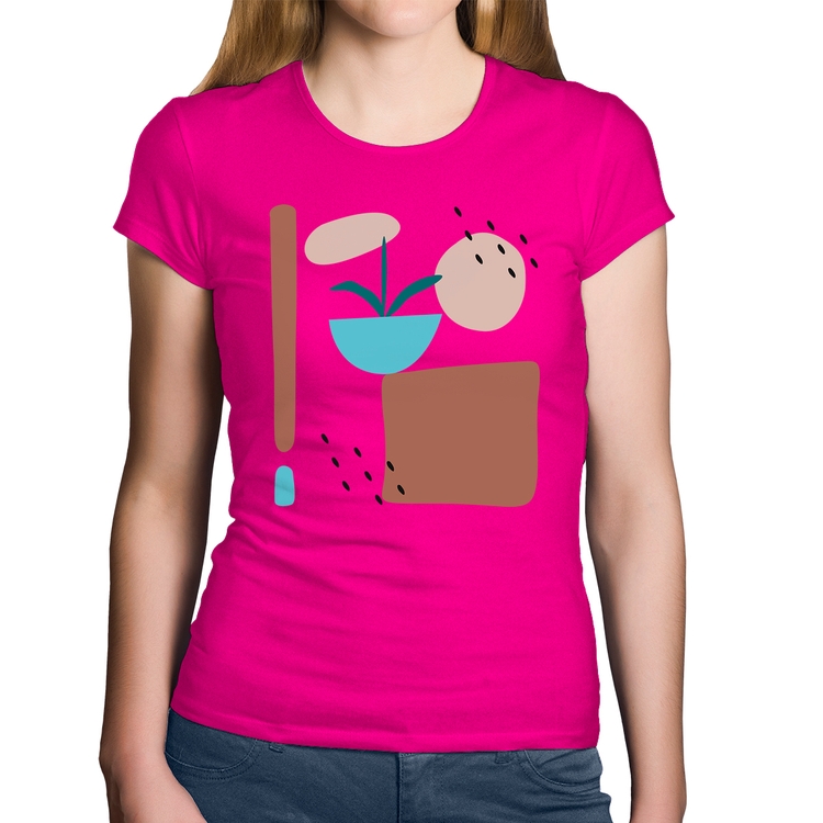 Baby Look Algodão Vaso de Planta Minimalista Abstrato - Rosa