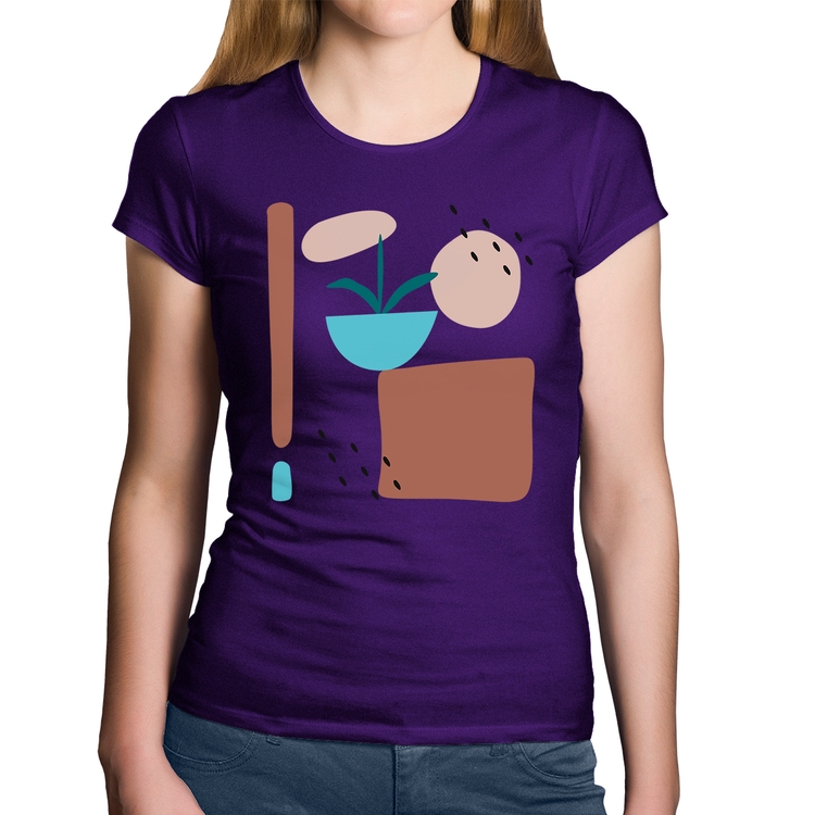 Baby Look Algodão Vaso de Planta Minimalista Abstrato - Roxa