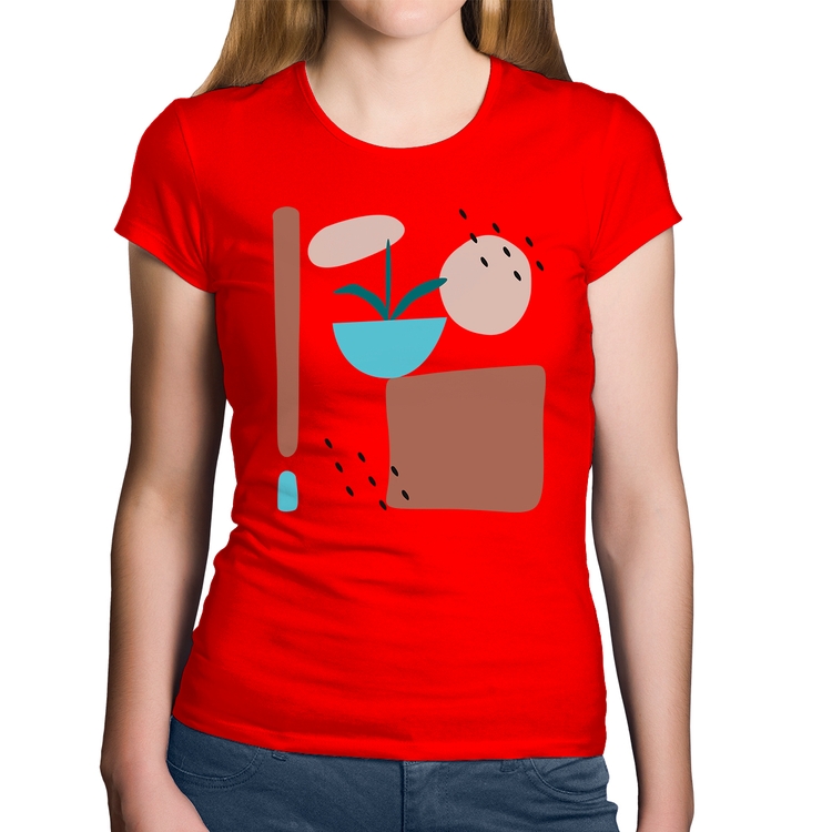 Baby Look Algodão Vaso de Planta Minimalista Abstrato - Vermelha