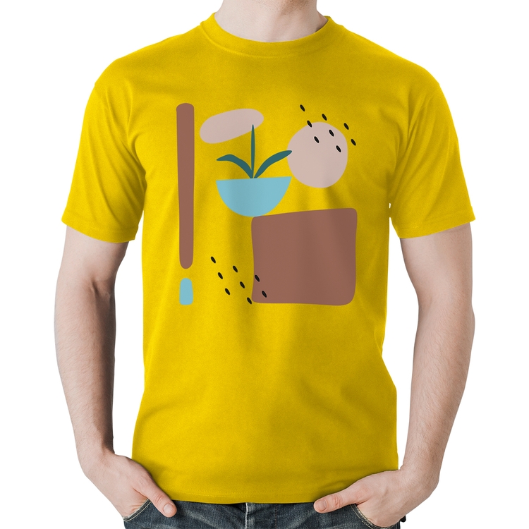 Camiseta Algodão Vaso de Planta Minimalista Abstrato - Amarela
