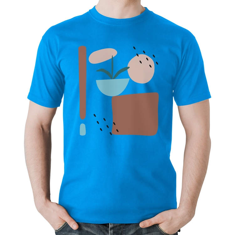 Camiseta Algodão Vaso de Planta Minimalista Abstrato - Azul