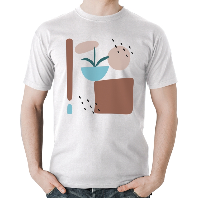 Camiseta Algodão Vaso de Planta Minimalista Abstrato - Branca