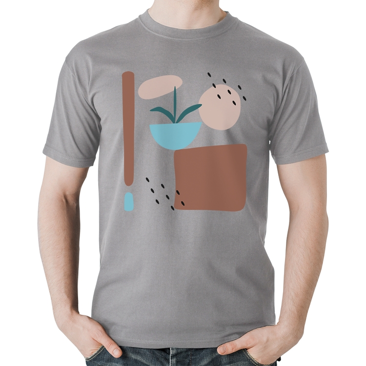Camiseta Algodão Vaso de Planta Minimalista Abstrato - Cinza