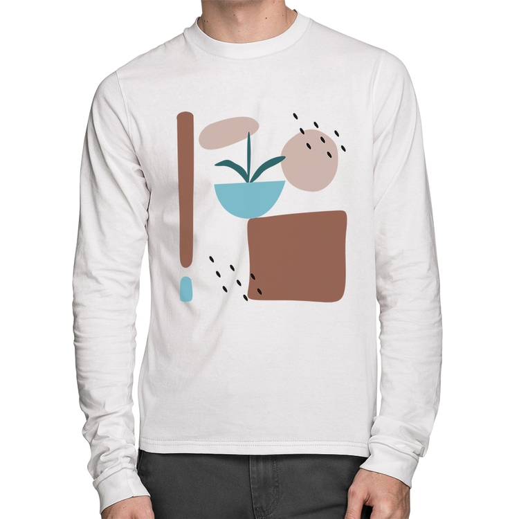 Camiseta Algodão Vaso de Planta Minimalista Abstrato Manga Longa - Branca