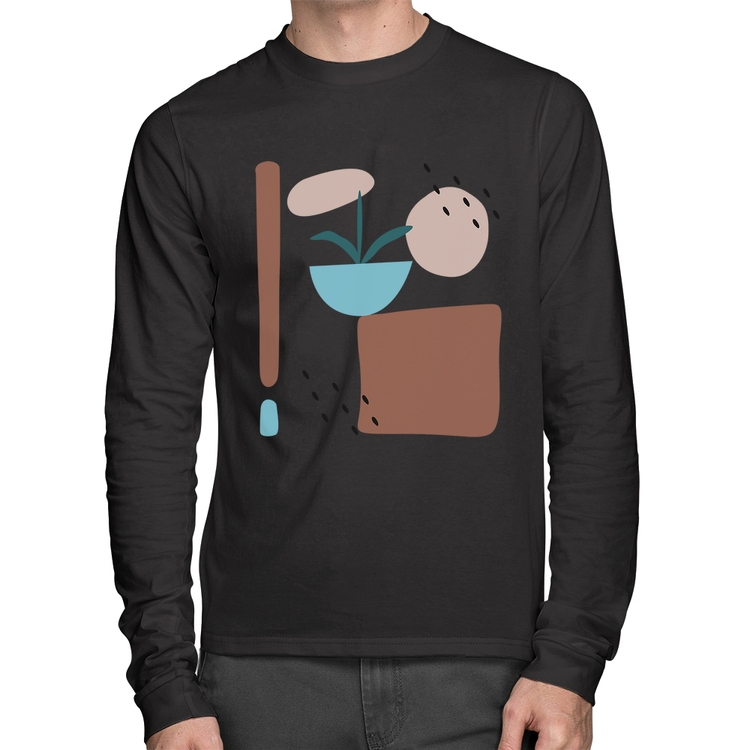 Camiseta Algodão Vaso de Planta Minimalista Abstrato Manga Longa