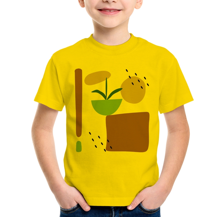 Camiseta Infantil Vaso de Planta Minimalista Abstrato - Amarela