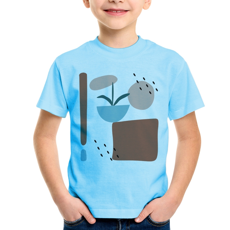 Camiseta Infantil Vaso de Planta Minimalista Abstrato - Azul Bebê