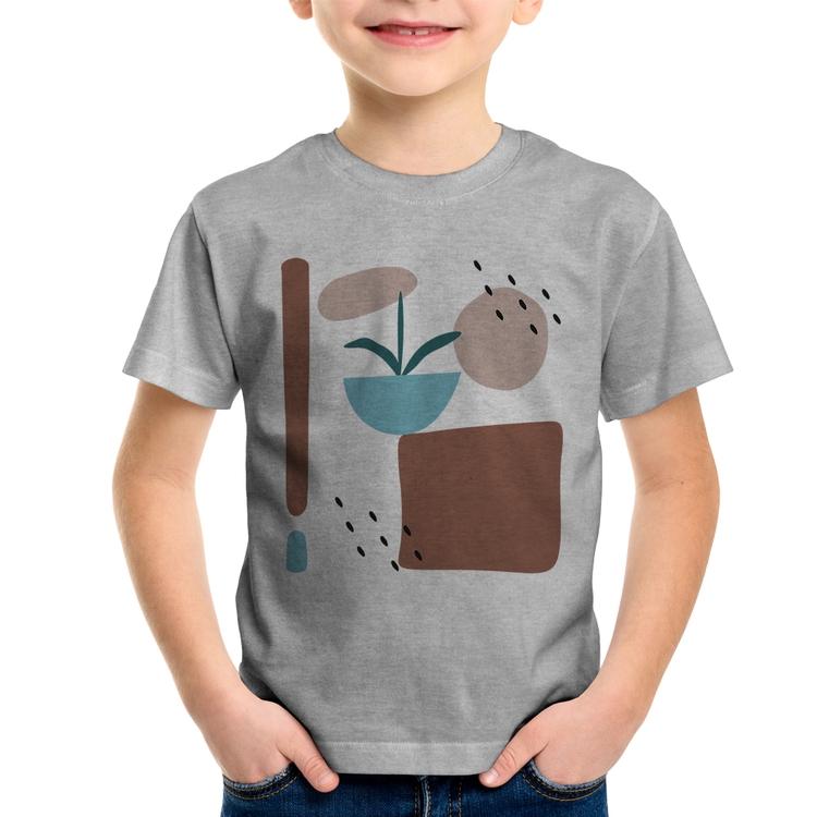 Camiseta Infantil Vaso de Planta Minimalista Abstrato - Cinza
