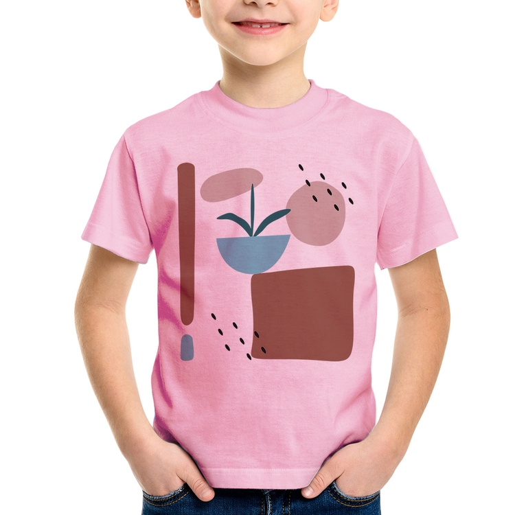 Camiseta Infantil Vaso de Planta Minimalista Abstrato - Rosa Bebê