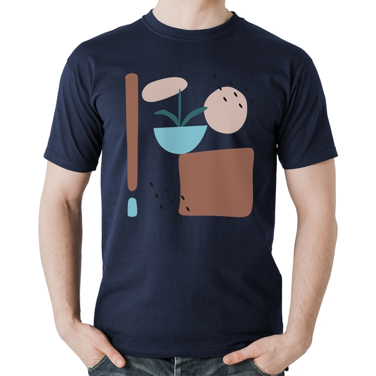 Camiseta Algodão Vaso de Planta Minimalista Abstrato - Marinho