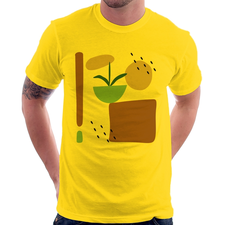 Camiseta Vaso de Planta Minimalista Abstrato - Amarela