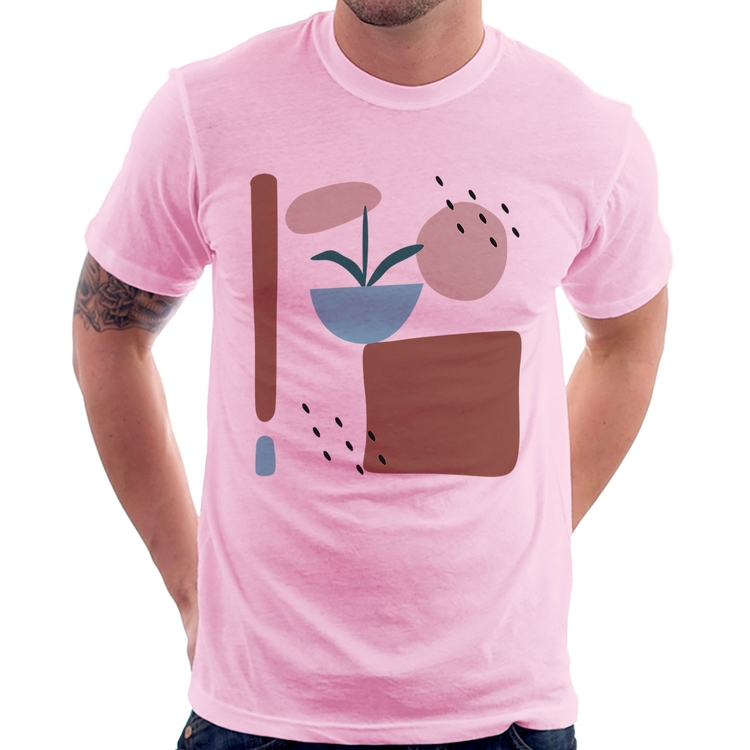 Camiseta Vaso de Planta Minimalista Abstrato - Rosa Bebê
