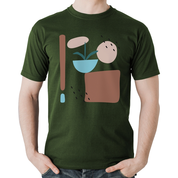 Camiseta Algodão Vaso de Planta Minimalista Abstrato - Musgo