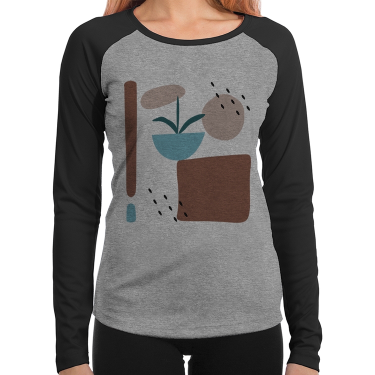 Baby Look Raglan Vaso de Planta Minimalista Abstrato Manga Longa - Cinza/Preto