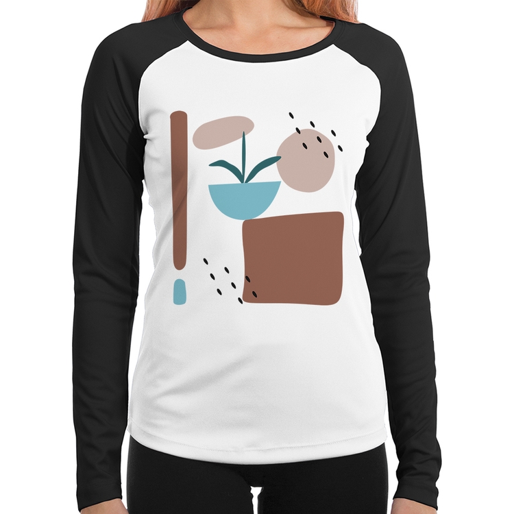 Baby Look Raglan Vaso de Planta Minimalista Abstrato Manga Longa