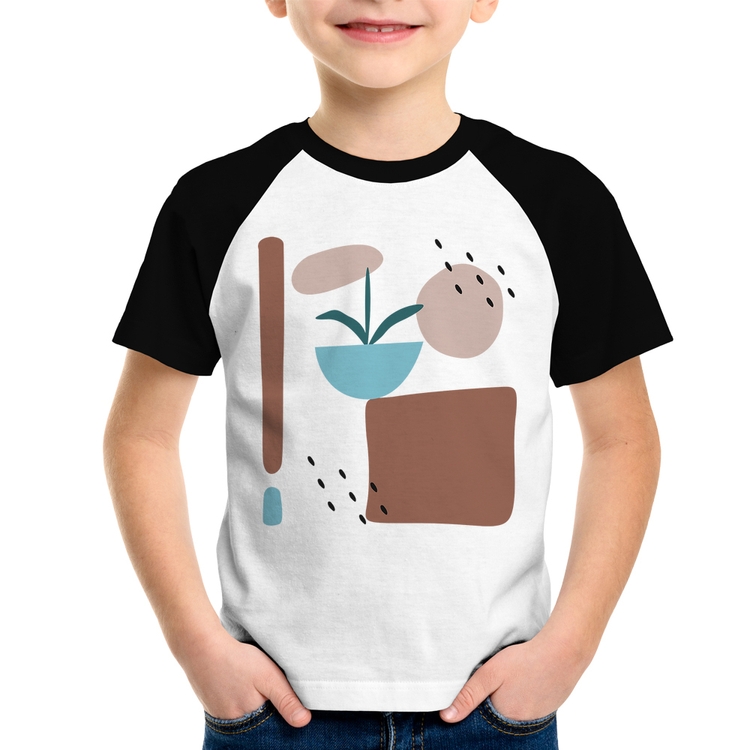Camiseta Raglan Infantil Vaso de Planta Minimalista Abstrato