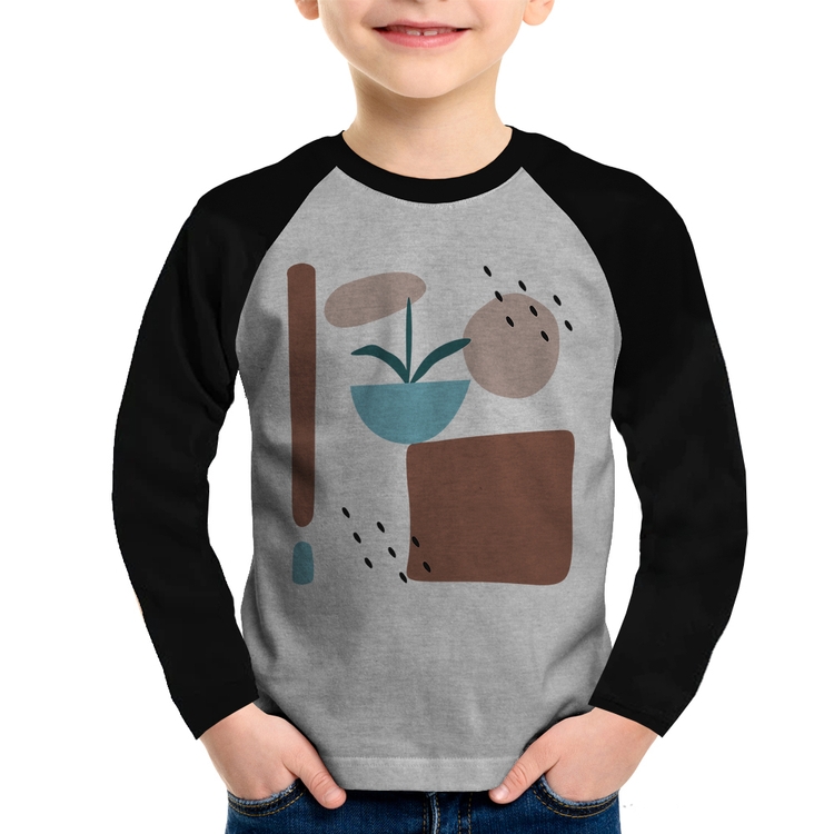 Camiseta Raglan Infantil Vaso de Planta Minimalista Abstrato Manga Longa - Cinza/Preto